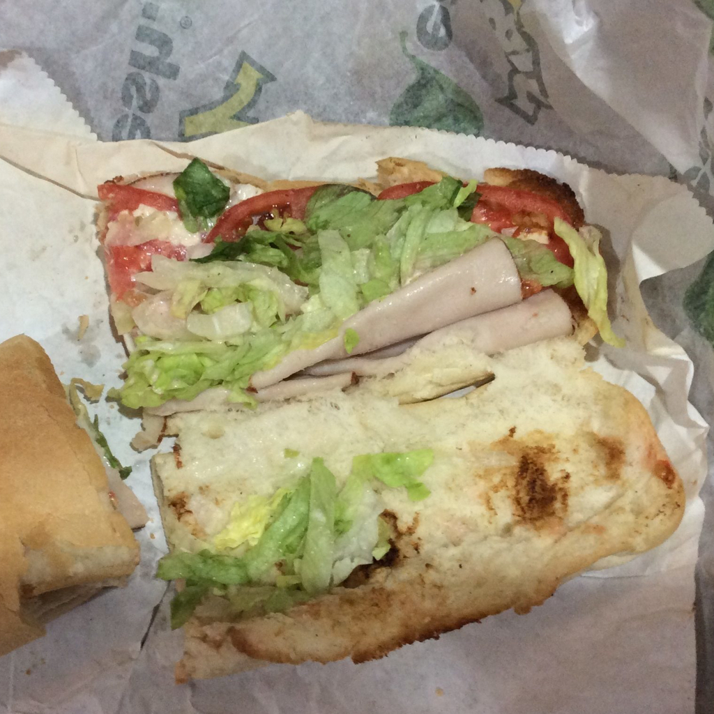 The glimmering sheen on this Subway turkey is reminiscent of an oil-soaked duck in Louisiana.